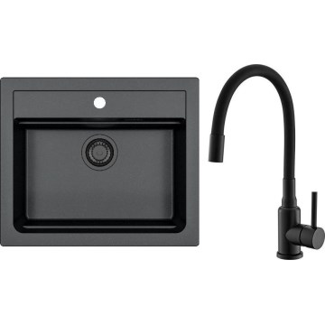ALVEUS SETA23228 - Évier de cuisine ATROX 59x50 cm + robinet de cuisine à bras flexible MINTAS 34 cm granit/noir mat