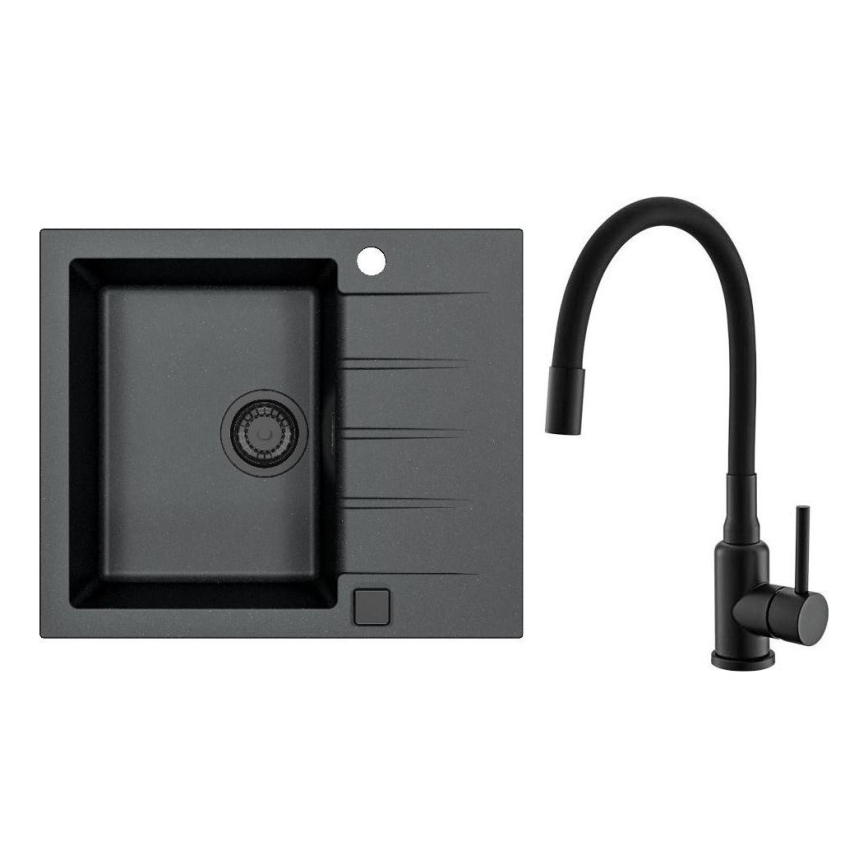 ALVEUS SETA23230 - Évier de cuisine CADIT 59x50 cm + robinet MINTAS avec bras flexible 34 cm granit/mat noir