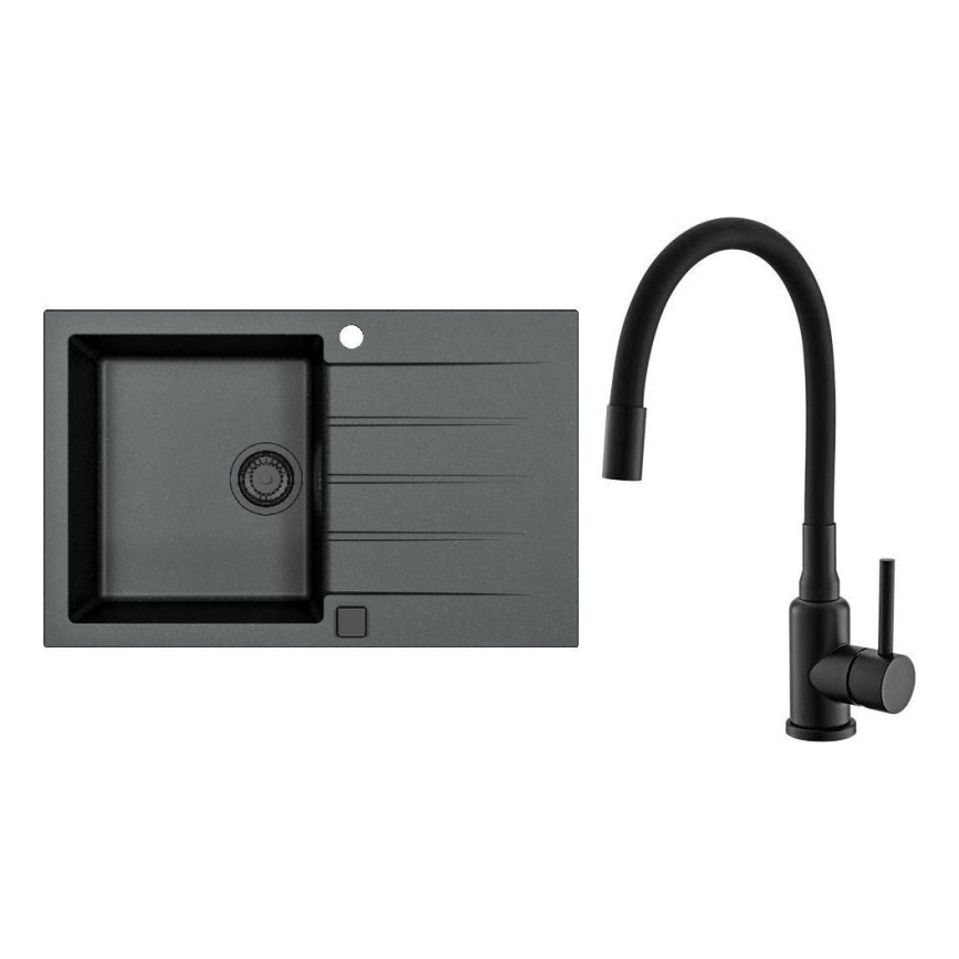 ALVEUS SETA23231 - Évier de cuisine CADIT 79x50 cm + robinet avec bras flexible MINTAS 34 cm granit/mat noir