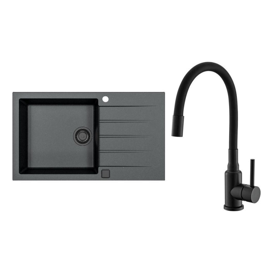 ALVEUS SETA23232 - Évier de cuisine CADIT 86x50 cm + robinet avec bras flexible MINTAS 34 cm granit/noir mat