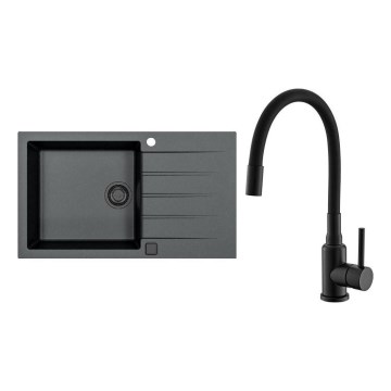 ALVEUS SETA23232 - Évier de cuisine CADIT 86x50 cm + robinet flexible MINTAS 34 cm granit/noir mat