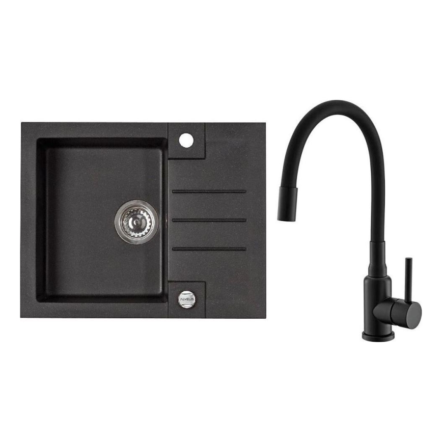 ALVEUS SETA23236 - Évier de cuisine ROCK 59,5x47,5 cm + mitigeur d'évier à col flexible MINTAS 34 cm granite/noir mat