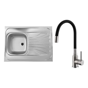 ALVEUS SETA24019 - Évier de cuisine CLASSIC 80x60 cm + robinet à bras flexible MINTAS 34 cm en acier brossé/noir