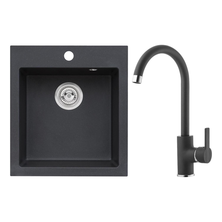 ALVEUS SETA737 - Évier de cuisine CORTINA 50x45 cm + robinet avec bras flexible TONIA 29,5 cm granit/mat noir