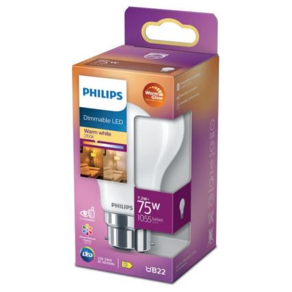 Ampoule à intensité variable LED Philips Warm Glow A60 B22/7,2W/230V 2200-2700K CRI 90