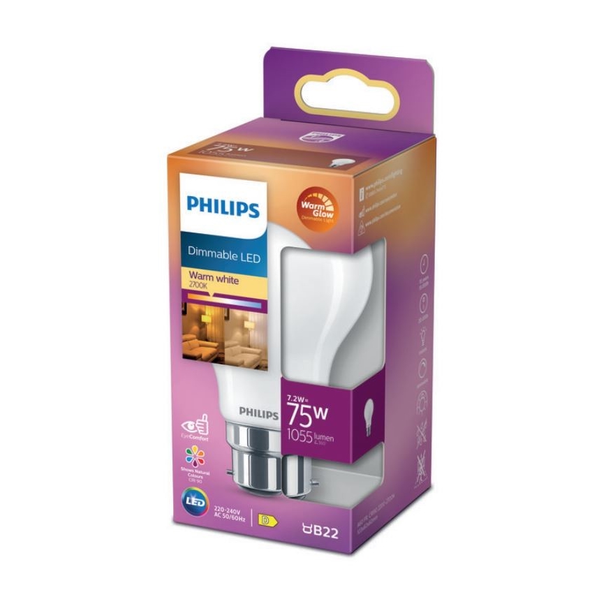 Ampoule à intensité variable LED Philips Warm Glow A60 B22/7,2W/230V 2200-2700K CRI 90