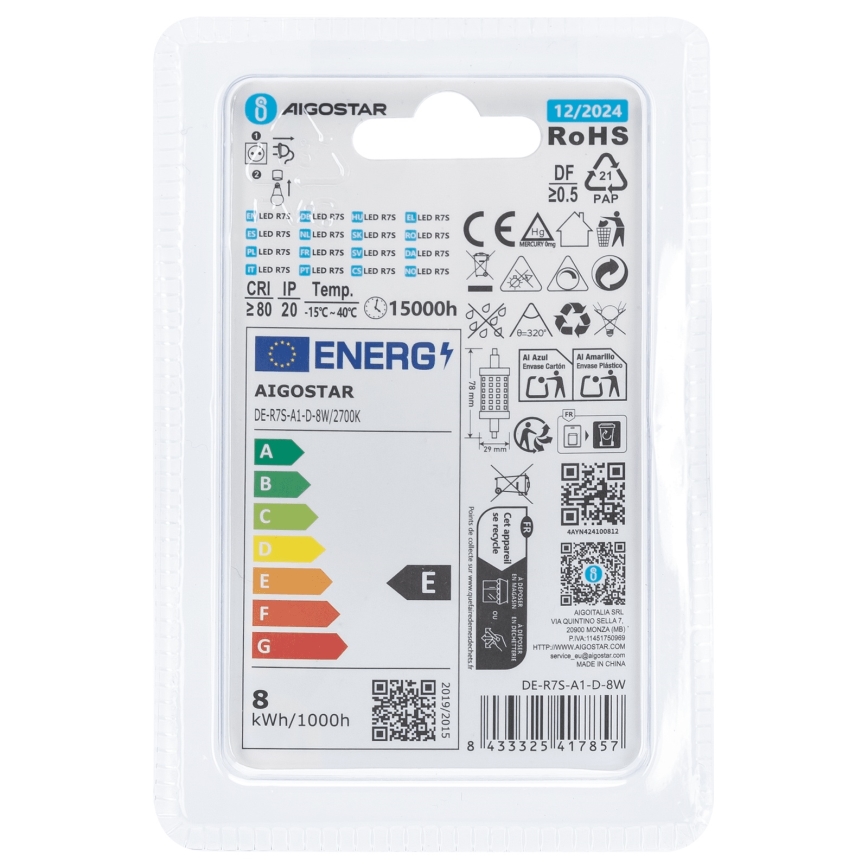 Ampoule à intensité variable LED R7s/8W/230V 2700K - Aigostar
