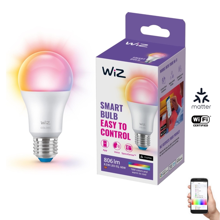 Ampoule à intensité variable LED RGB A60 E27/8,5W/230V 2200-6500K Wi-Fi - WiZ