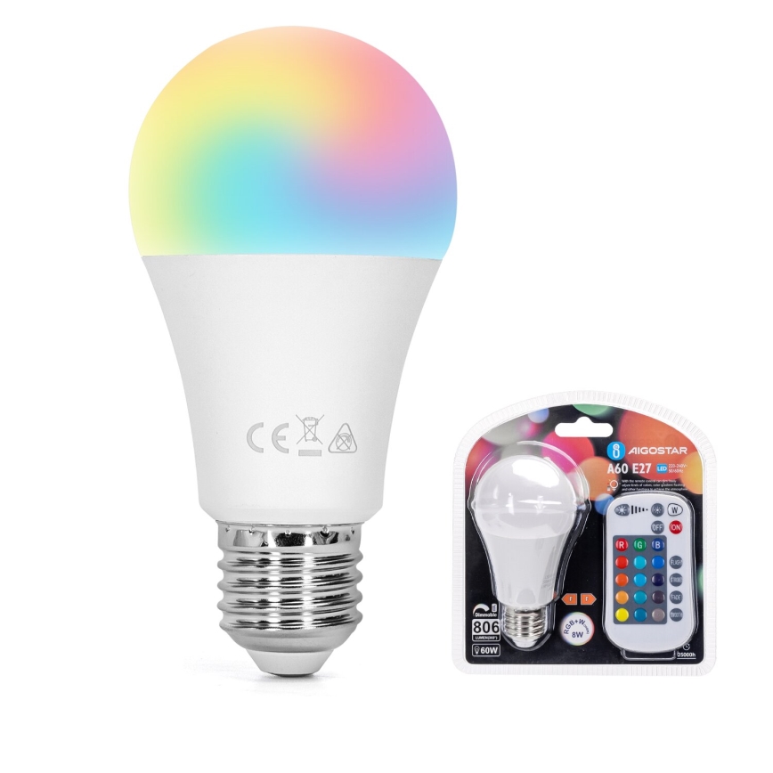 Ampoule à intensité variable LED RGBW E27/8W/230V 3000K + Télécommande - Aigostar
