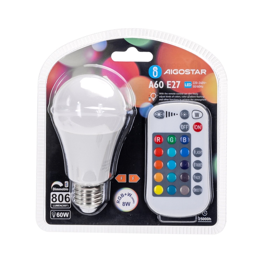 Ampoule à intensité variable LED RGBW E27/8W/230V 3000K + Télécommande - Aigostar