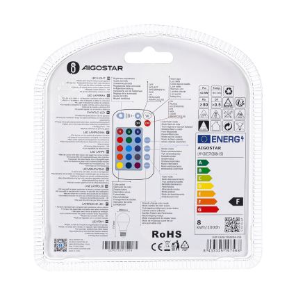 Ampoule à intensité variable LED RGBW E27/8W/230V 3000K + Télécommande - Aigostar