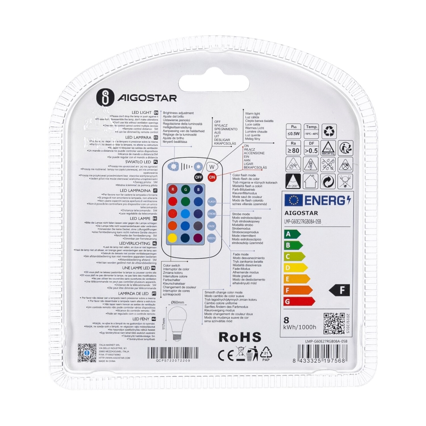 Ampoule à intensité variable LED RGBW E27/8W/230V 3000K + Télécommande - Aigostar