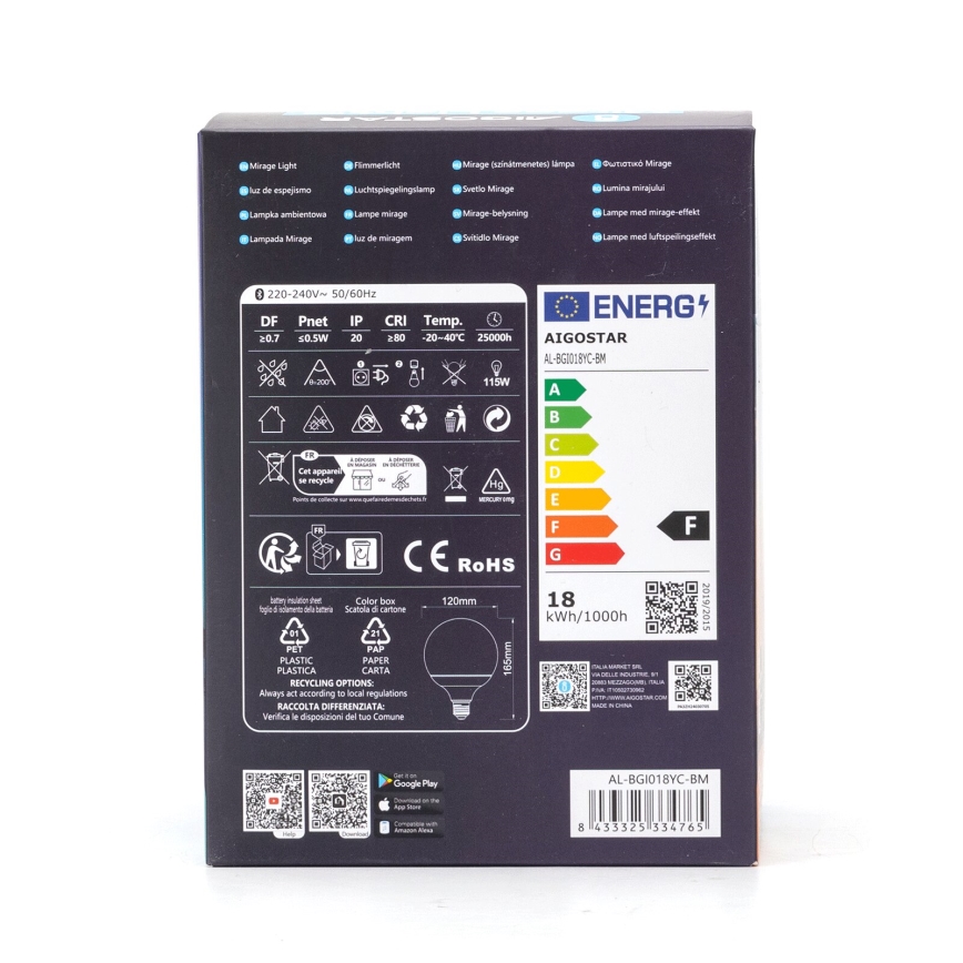 Ampoule à intensité variable LED RGBW MESH G120 E27/18W/230V 6500K + télécommande - Aigostar