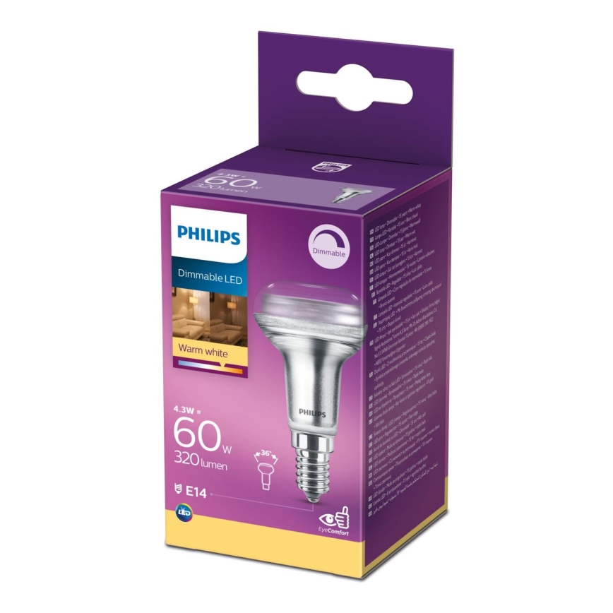 Ampoule de projecteur LED à intensité variable Philips E14/4,3W/230V 2700K
