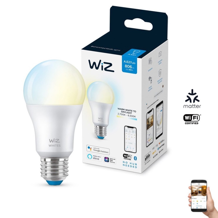 Ampoule LED à intensité variable A60 E27/8W/230V 2700-6500K CRI 90 Wi-Fi - WiZ