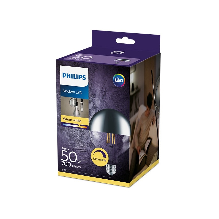 Ampoule LED à intensité variable avec une tête miroir sphérique MODERN Philips E27/8W/230V 2700K