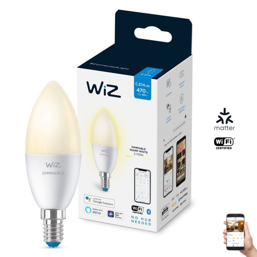 Ampoule LED à intensité variable C37 E14/4,9W/230V 2700K CRI 90 Wi-Fi - WiZ