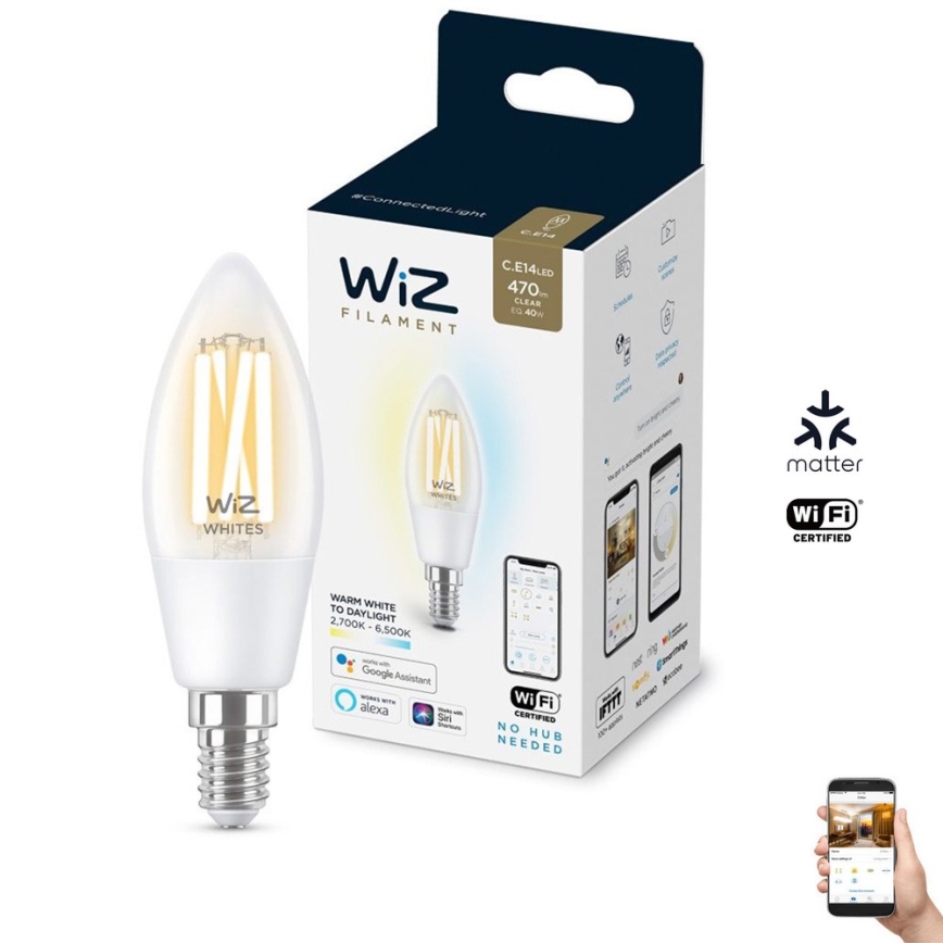 Ampoule LED à intensité variable FILAMENT C35 E14/4,9W/230V 2700-6500K CRI 90 Wi-Fi - WiZ