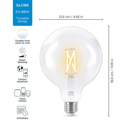 Ampoule LED à intensité variable FILAMENT G125 E27/7W/230V 2700-6500K CRI 90 Wi-Fi - WiZ