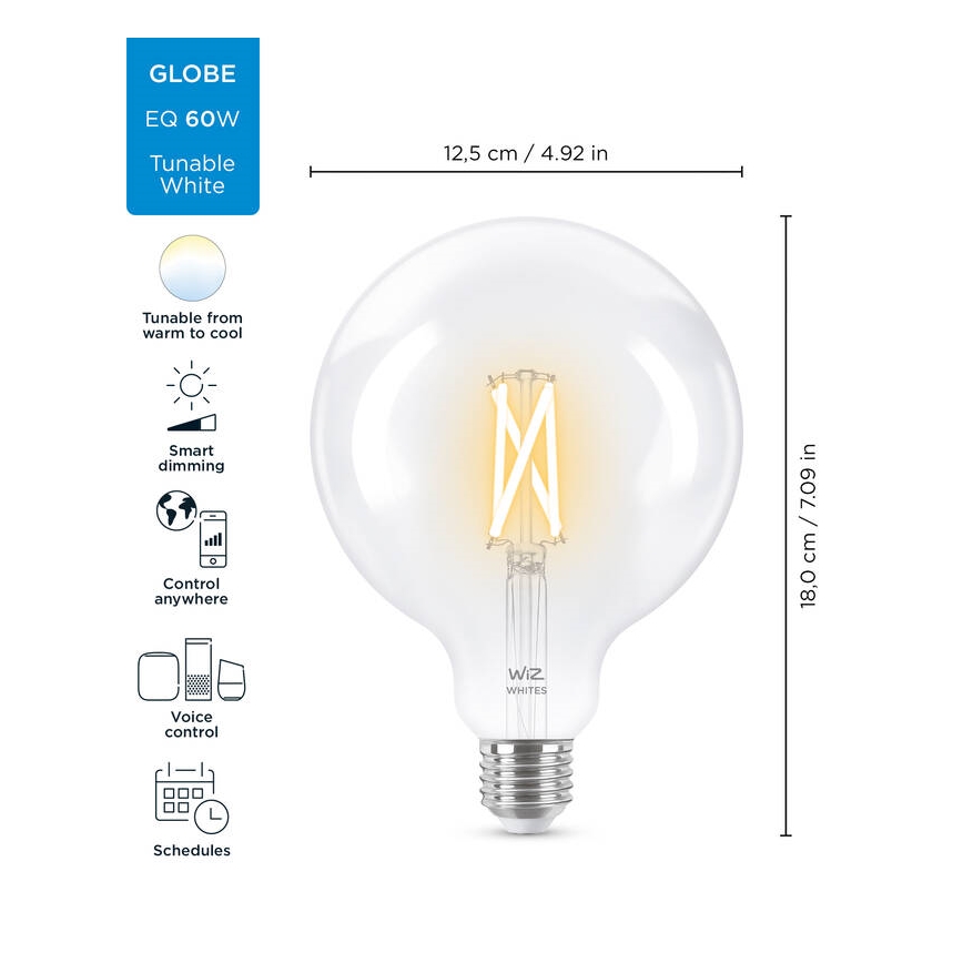 Ampoule LED à intensité variable FILAMENT G125 E27/7W/230V 2700-6500K CRI 90 Wi-Fi - WiZ
