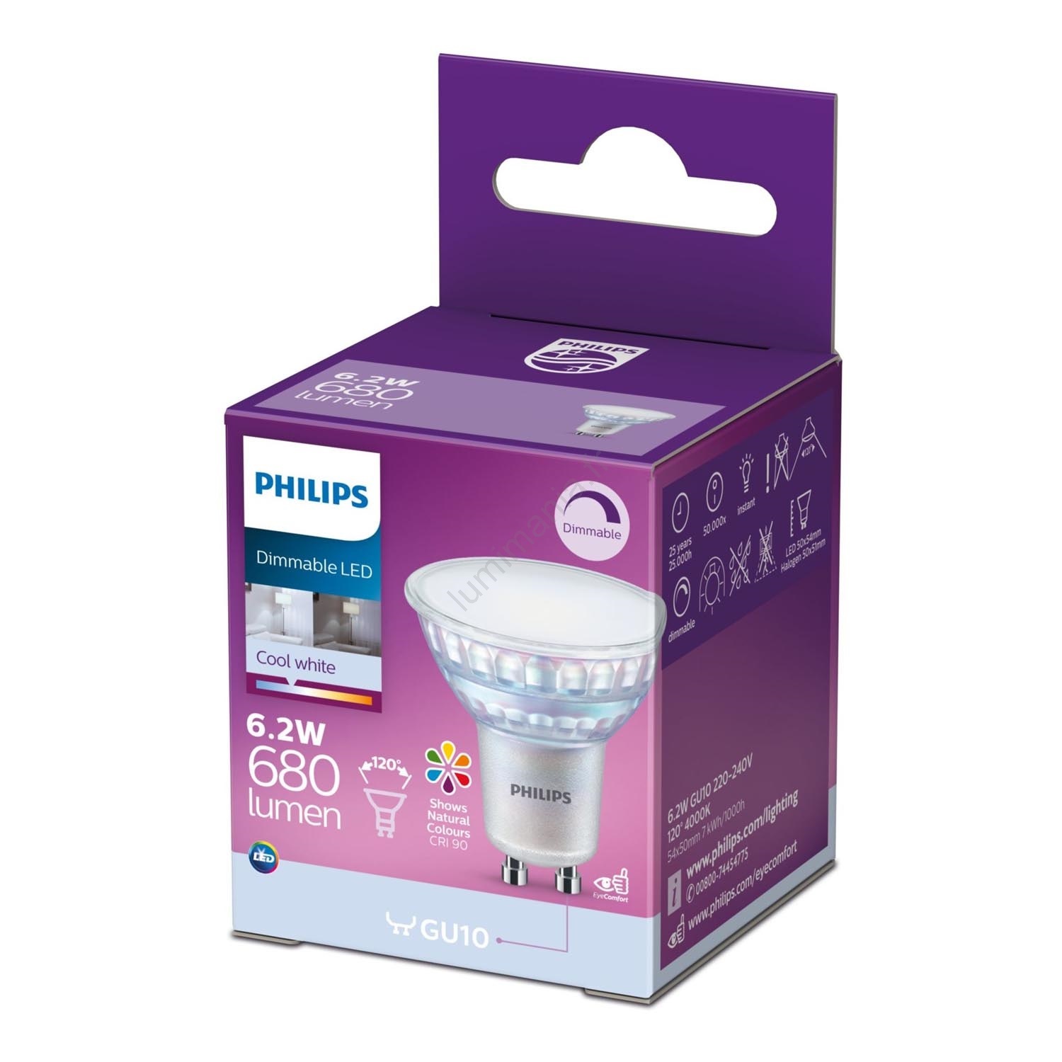 Ampoule LED à intensité variable Philips GU10/6,2W/230V 4000K CRI 90