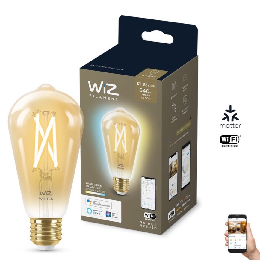 Ampoule LED à intensité variable VINTAGE FILAMENT ST64 E27/7W/230V 2000-5000K CRI 90 Wi-Fi - WiZ