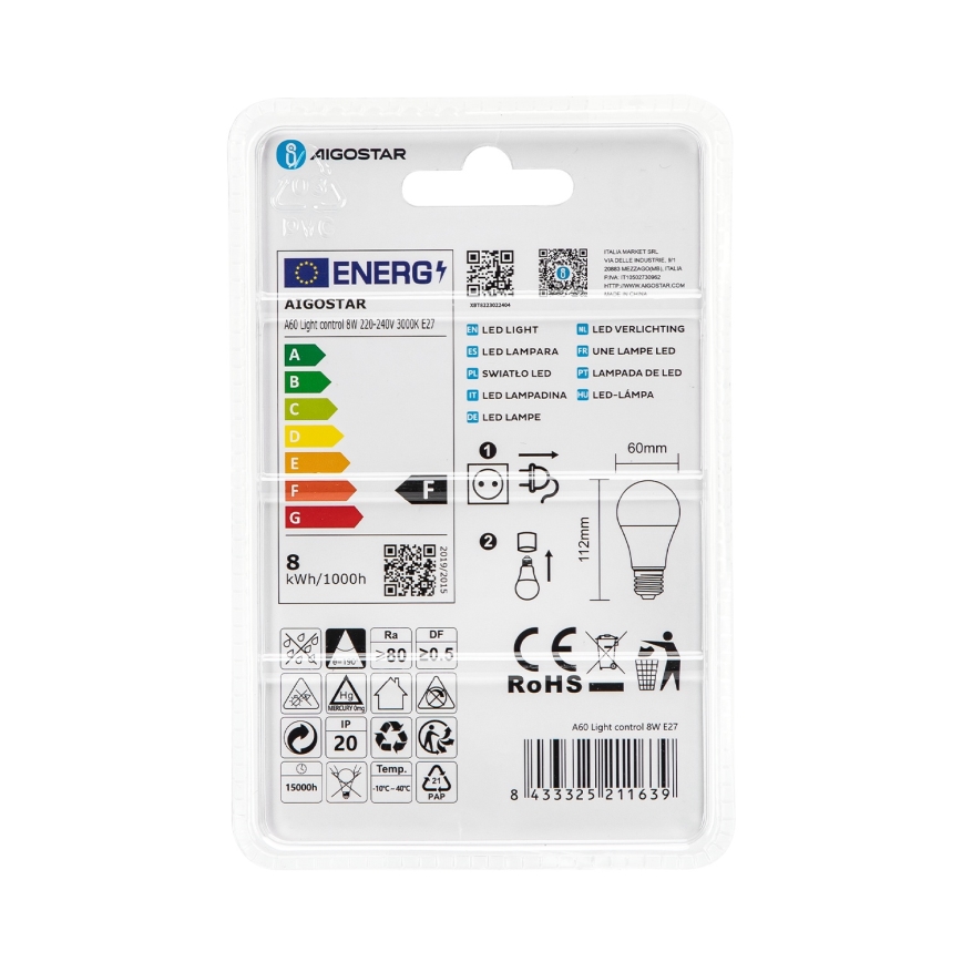 Ampoule LED A60 E27/8W/230V 3000K avec capteur crépusculaire - Aigostar