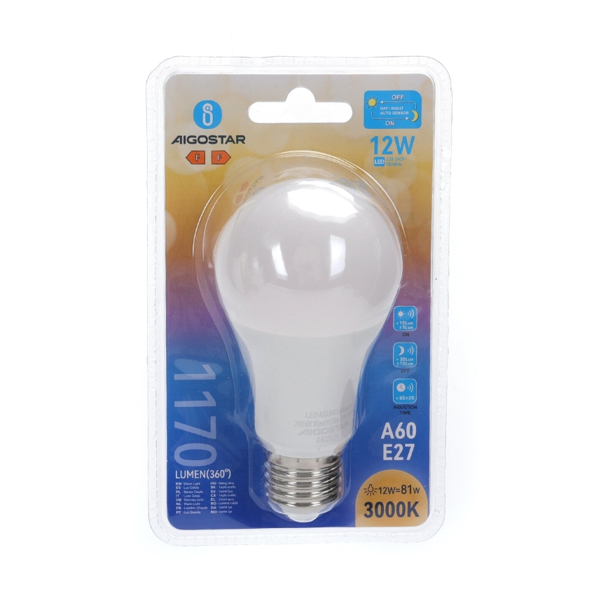 Ampoule LED avec détecteur crépusculaire A60 E27/12W/230V 3000K - Aigostar
