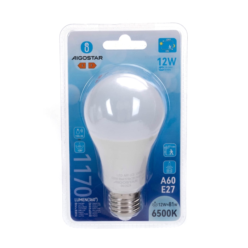 Ampoule LED avec détecteur de mouvement et capteur crépusculaire A60 E27/12W/230V 6500K - Aigostar