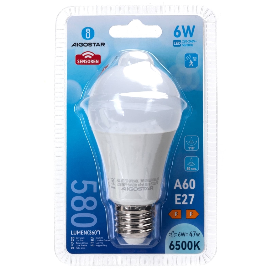Ampoule LED avec détecteur de mouvement et capteur crépusculaire A60 E27/6W/230V 6500K - Aigostar