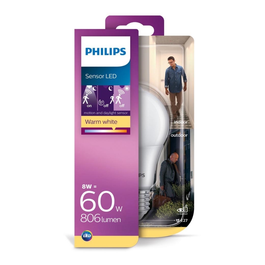 Ampoule LED avec détecteur de mouvement Philips E27/8W/230V 2700K