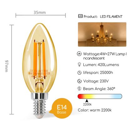 ampoule LED C35 E14/4W/230V 2200K - Aigostar