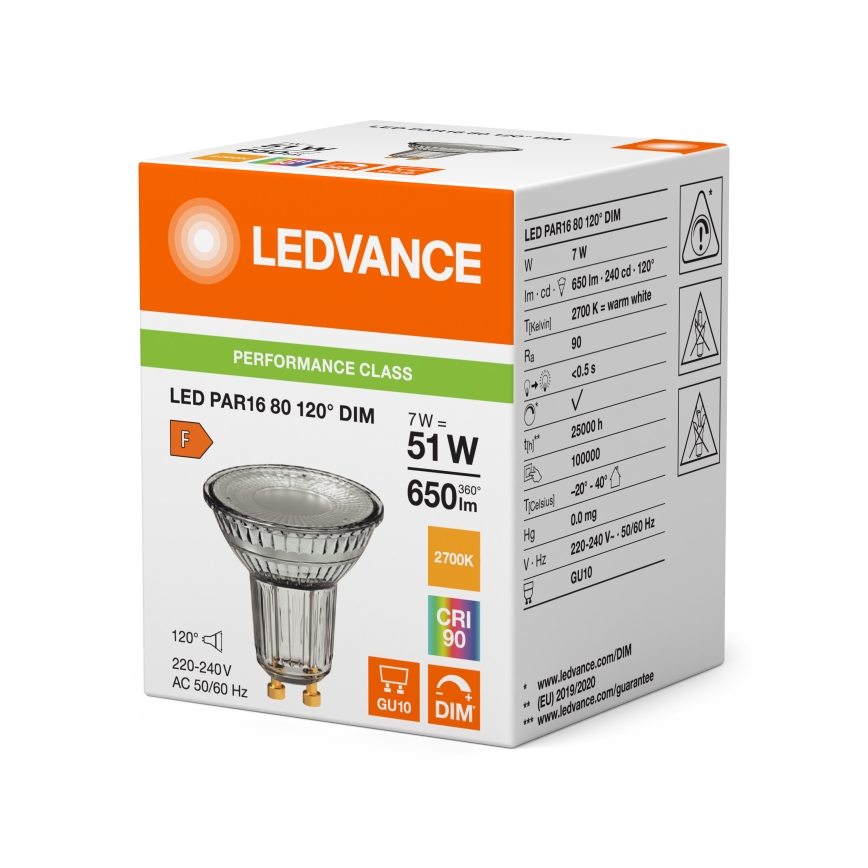 Ampoule LED réflecteur dimmable PAR16 GU10/7W/230V 2700K 120° IRC 90 - Ledvance