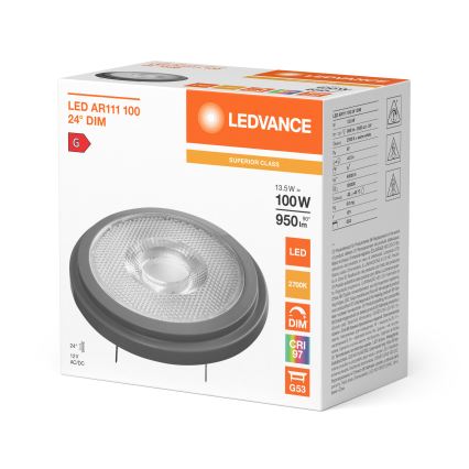 Ampoule LED dimmable AR111 G53/13,5W/12V 2700K 24° IRC 97 - Ledvance