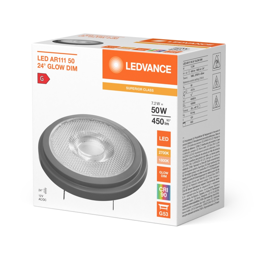 Ampoule LED dimmable AR111 G53/7,2W/12V 1800-2700K 24° IRC 90 - Ledvance
