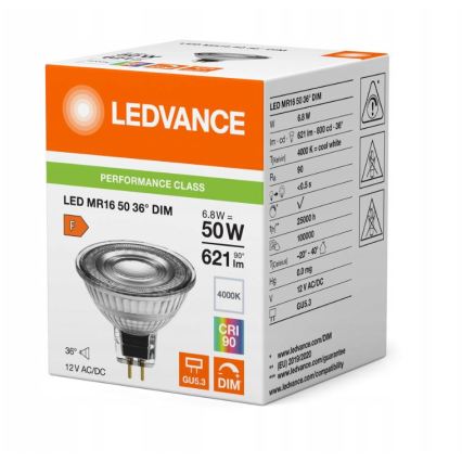 Ampoule spot LED dimmable MR16 GU5,3/6,8W/12V 4000K 36° IRC 90 - Ledvance