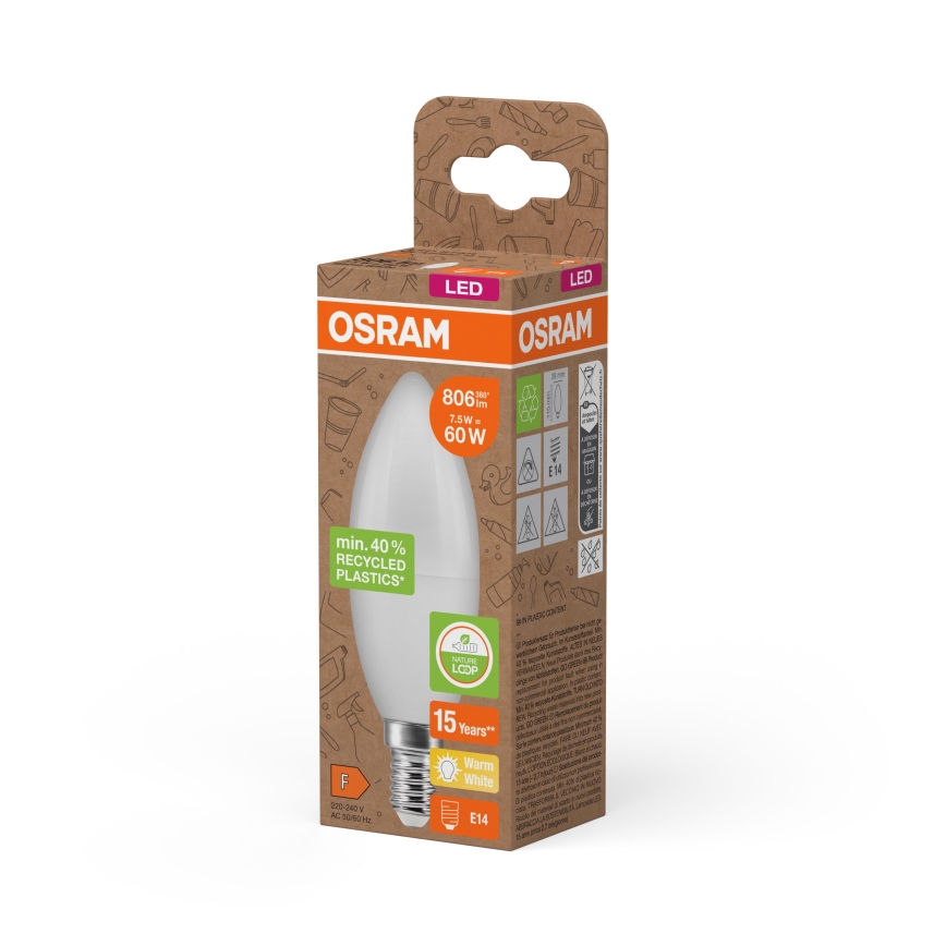 Ampoule LED en plastique recyclé B39, culot E14, 7,5 W, 230 V, 2700 K - Osram