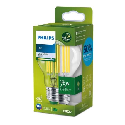 Ampoule LED filament Philips A60 E27/5,2W/230V 4000K