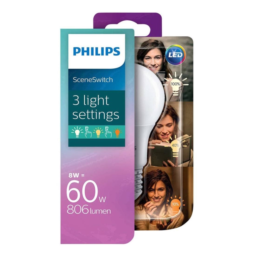 Ampoule LED Philips SCENE SWITCH A60 E27/8W/230V 2200K-2700K