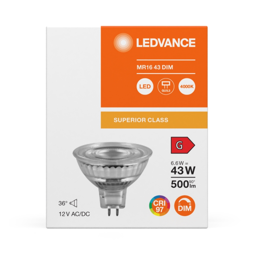 Ampoule LED dicroïque dimmable MR16 GU5,3/6,6W/12V 4000K 36° IRC 97 - Ledvance