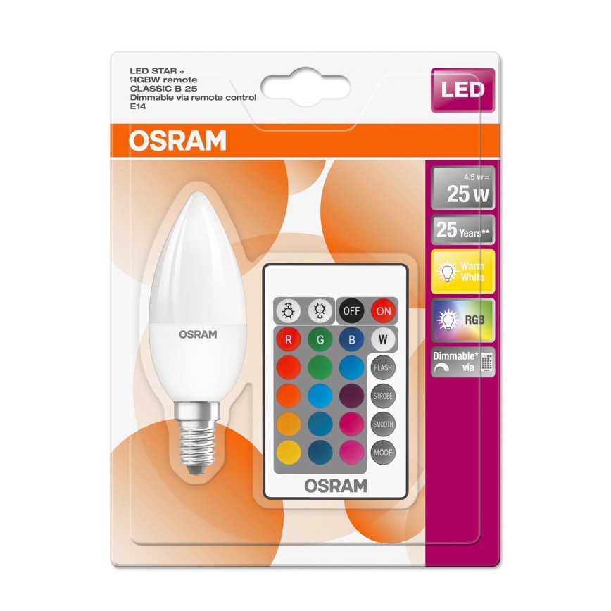 Ampoule LED RGBW à intensité variable STAR E14/4,5W/230V 2700K + Télécommande - Osram