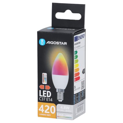 Ampoule LED RGBW C37 E14/4,8W/230V 3000K + télécommande - Aigostar