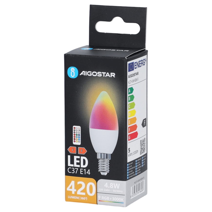 Ampoule LED RGBW C37 E14/4,8W/230V 3000K + télécommande - Aigostar