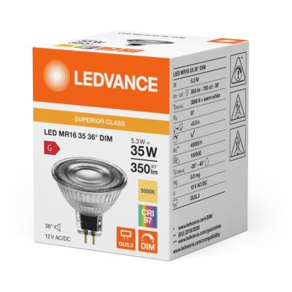 Ampoule LED réflecteur dimmable MR16 GU5,3/5,3W/12V 3000K 36° CRI 97 - Ledvance