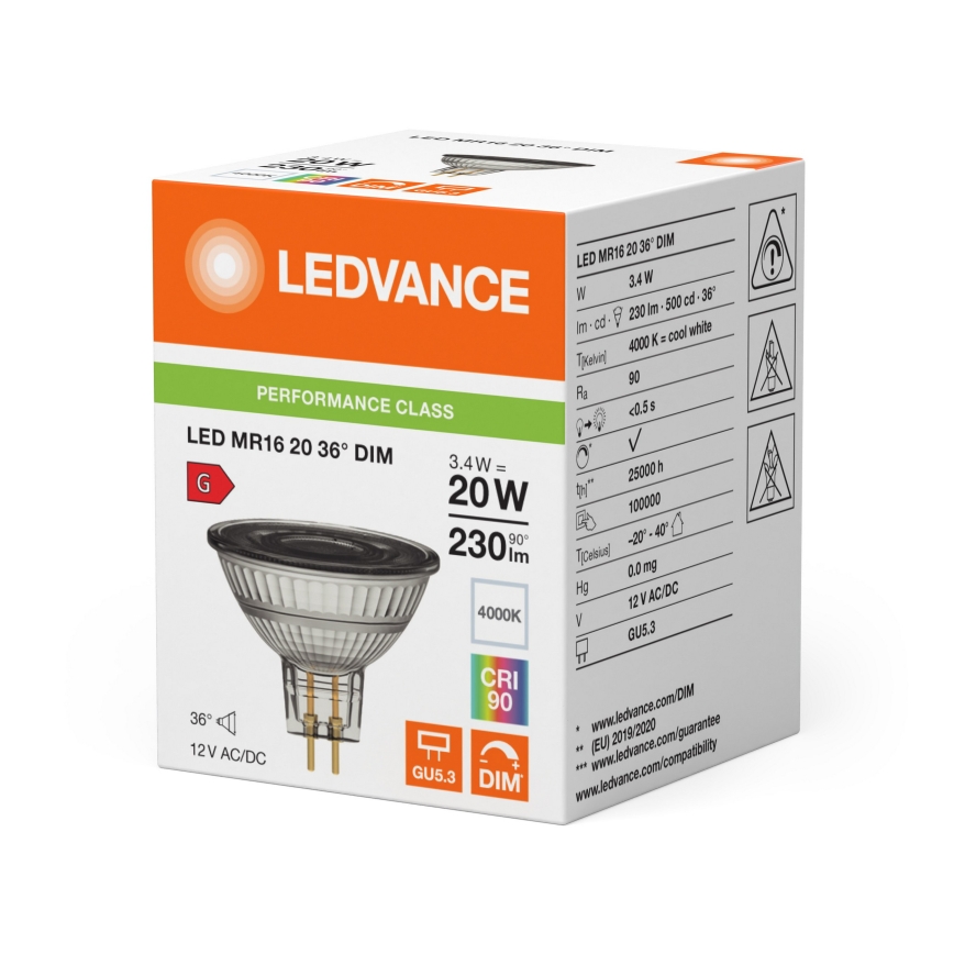 Ampoule spot LED dimmable MR16 GU5,3/3,4W/12V 4000K 36° IRC 90 - Ledvance