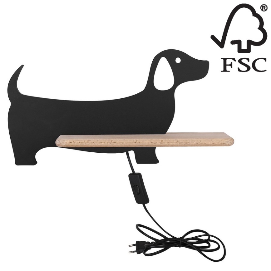 Applique murale enfant avec étagère DOG LED/5W/230V noir/bois