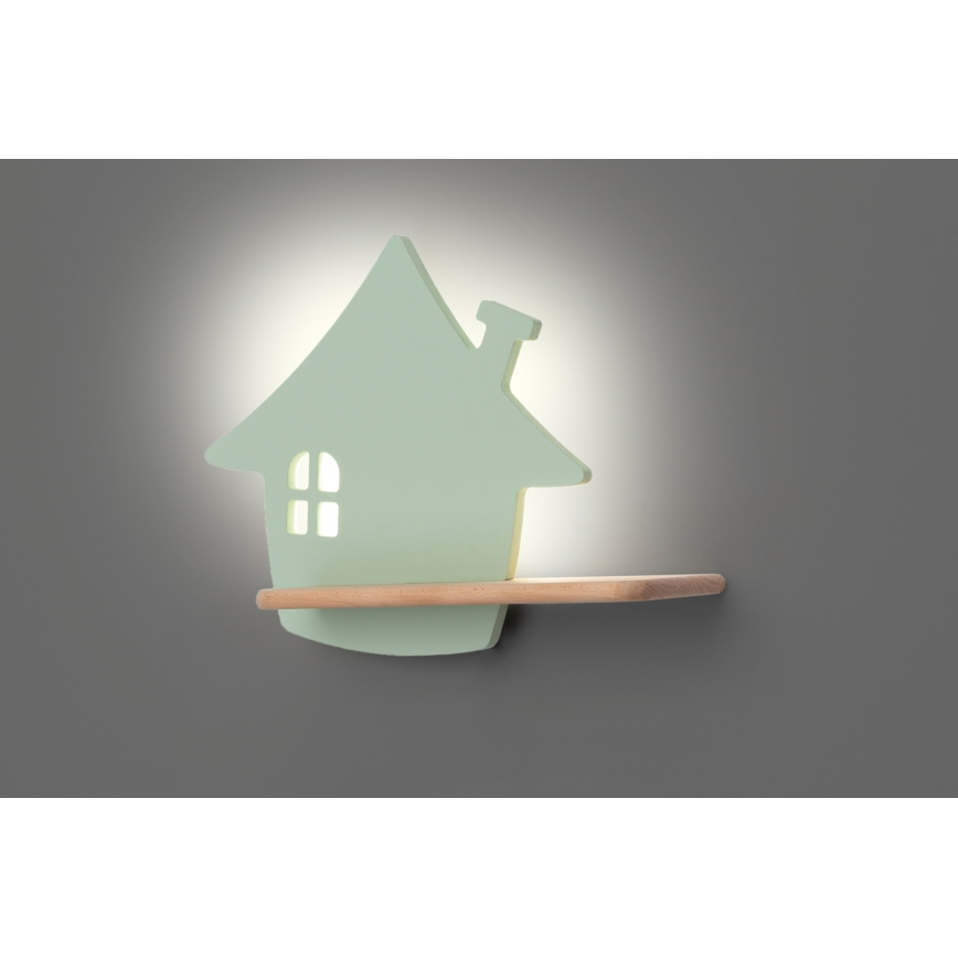 Applique murale enfant avec étagère HOUSE LED/4W/230V vert/bois