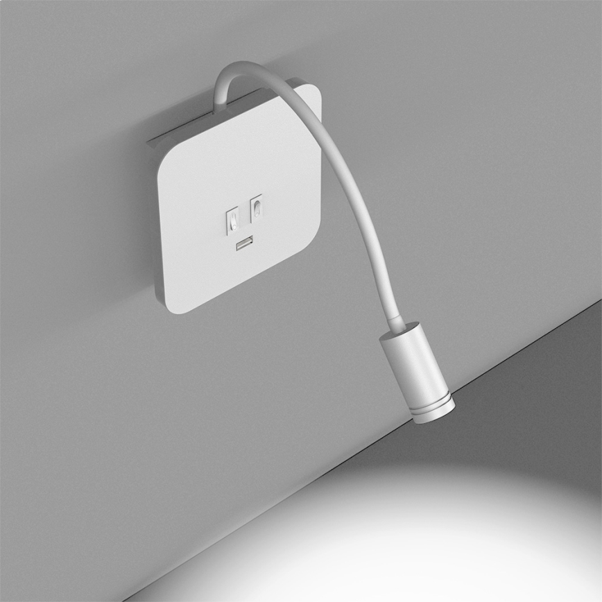 Applique murale LED flexible avec port USB BASE LED/8W + LED/2W/230V blanche