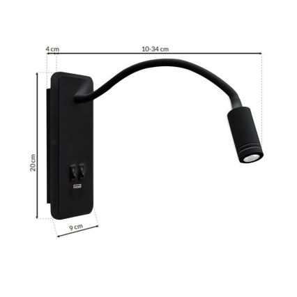 Applique murale LED flexible avec port USB BASE LED/8W+LED/2W/230V, noire