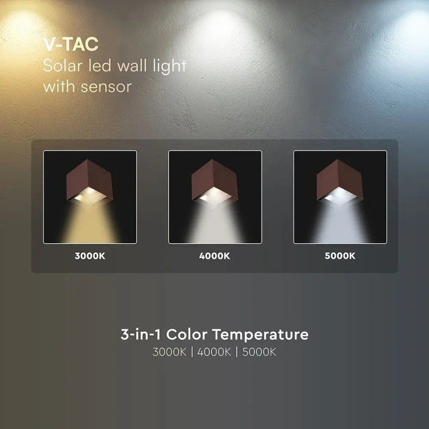 Applique murale solaire LED avec capteur LED/9W/3,7V 3000/4000/5000K IP65 2600 mAh marron